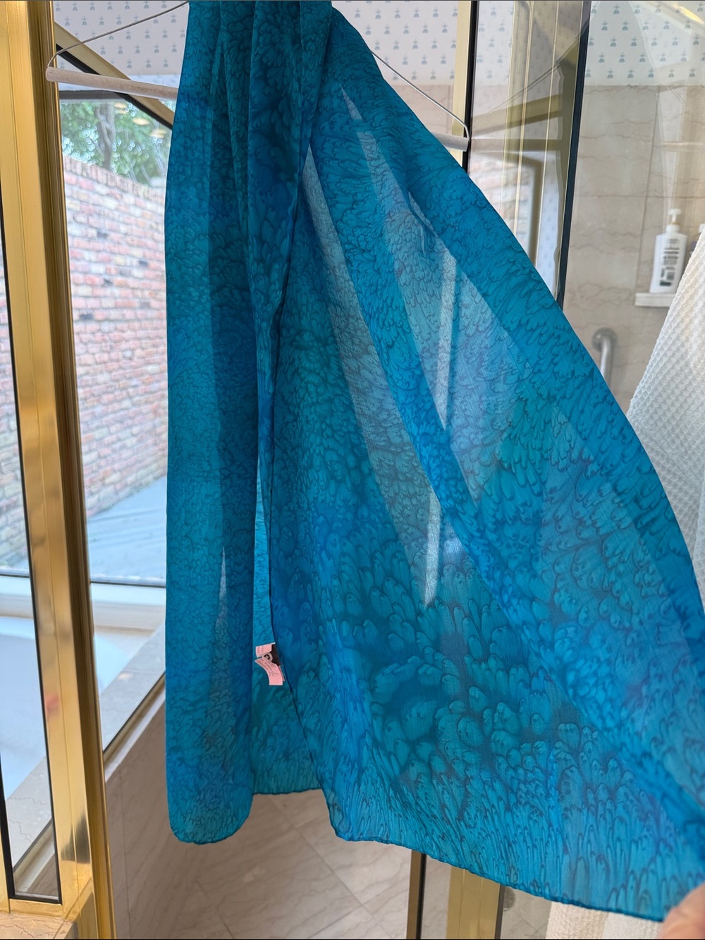 Vibrant Teal Blue Patterned Silk Scarf - Picture 2 of 4